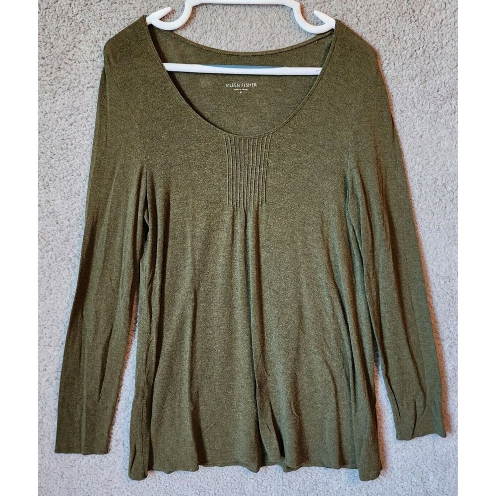 EILEEN FISHER Women's Long Sleeve Scoop Neck Pintuck Pleats Viscose Green Size M